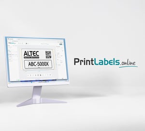 Interface van PrintLabels.Online waarin een label wordt ontworpen met tekst, logo en QR-code in de online editor